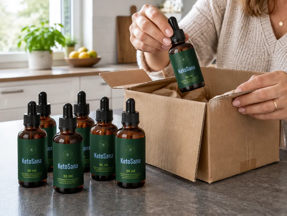 Paket mit KetoSana Flaschen wird zu Hause ausgepackt